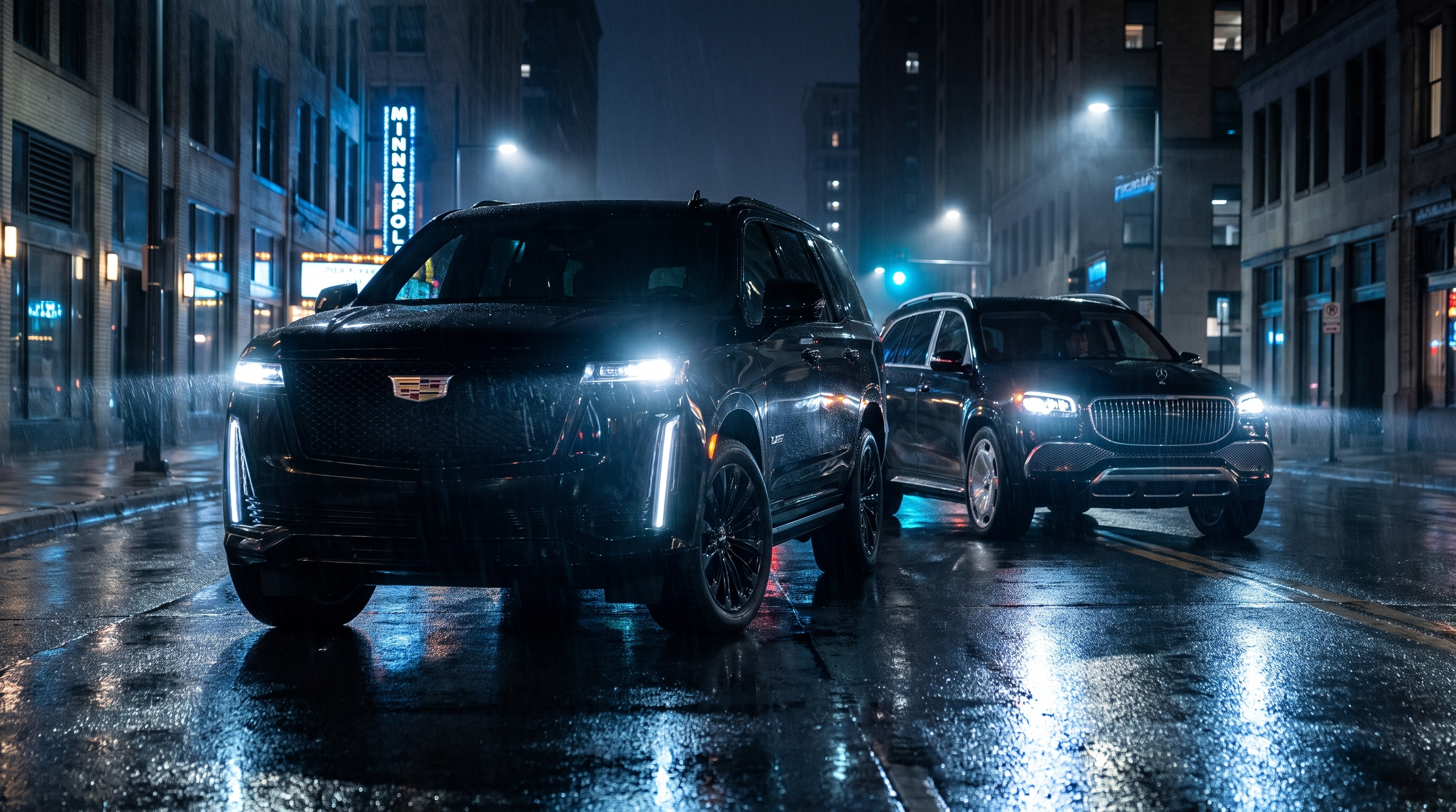 Top Line VIP fleet on a rainy downtown Minneapolis street at night